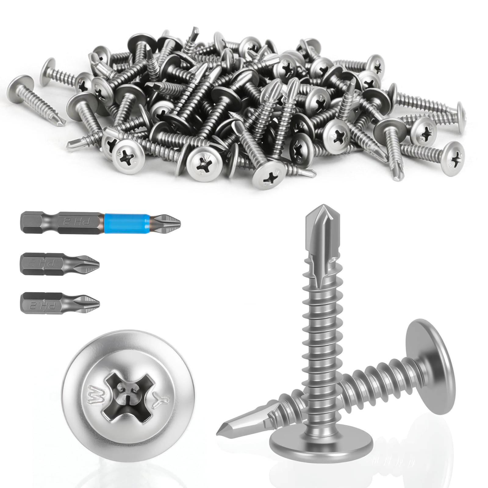 FICOFISE 100 Stück Selbstschneidende Schrauben Edelstahl ST4.2x25mm – Blechschrauben Selbstschneidend, Metall Bohrschrauben, Blechschrauben Edelstahl mit PH2 Schraubendreher Bit