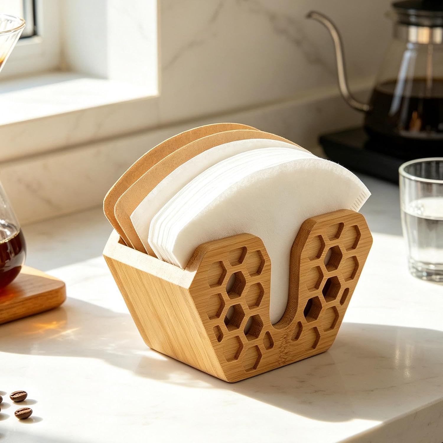 Coffee Filter Container - Wooden Sugar Packet Organizer Station