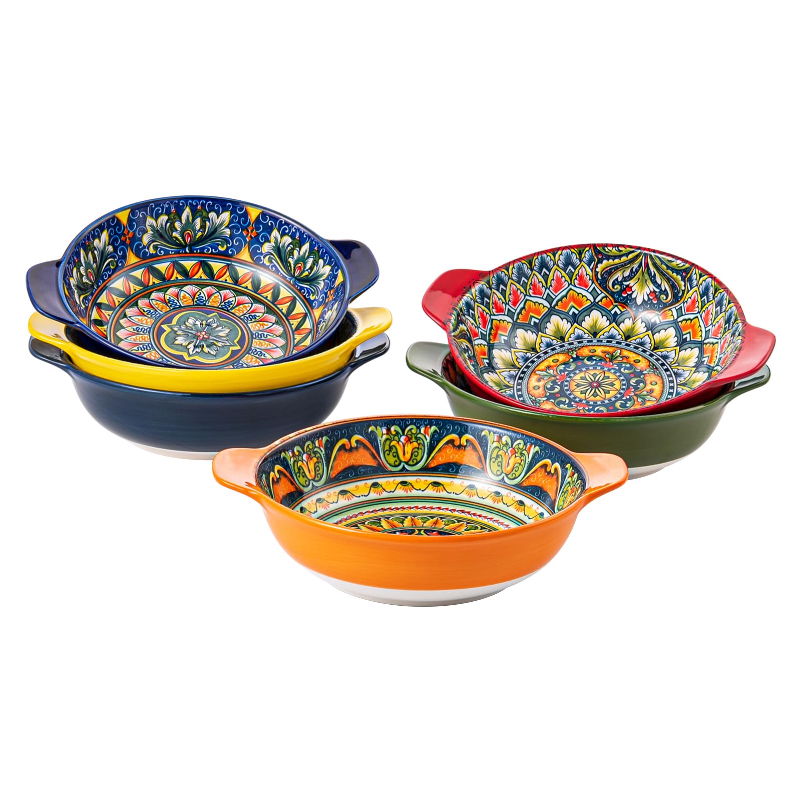 Henten Home Assiettes Creuses en Porcelaine 900 ml, Bols à Pâtes/Saladier Set of 6 pour Cuisine, Passe au Four, Lave-vaisselle et Micro-ondes, Style Bohème