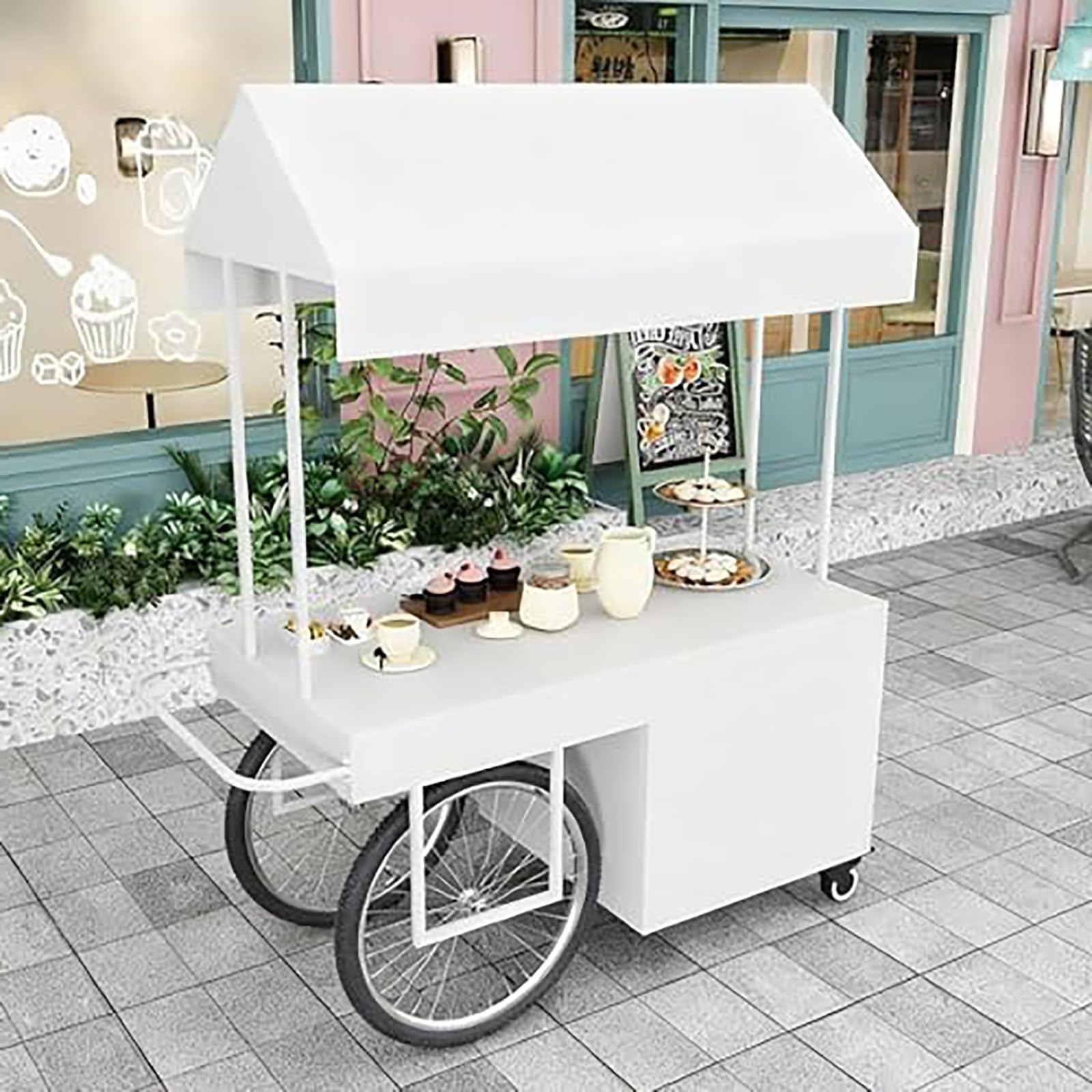 Carretto Portatile per venditori ambulanti con tettoia, Ideale per mercati, Street Food, Feste e fiere, Colore Bianco.