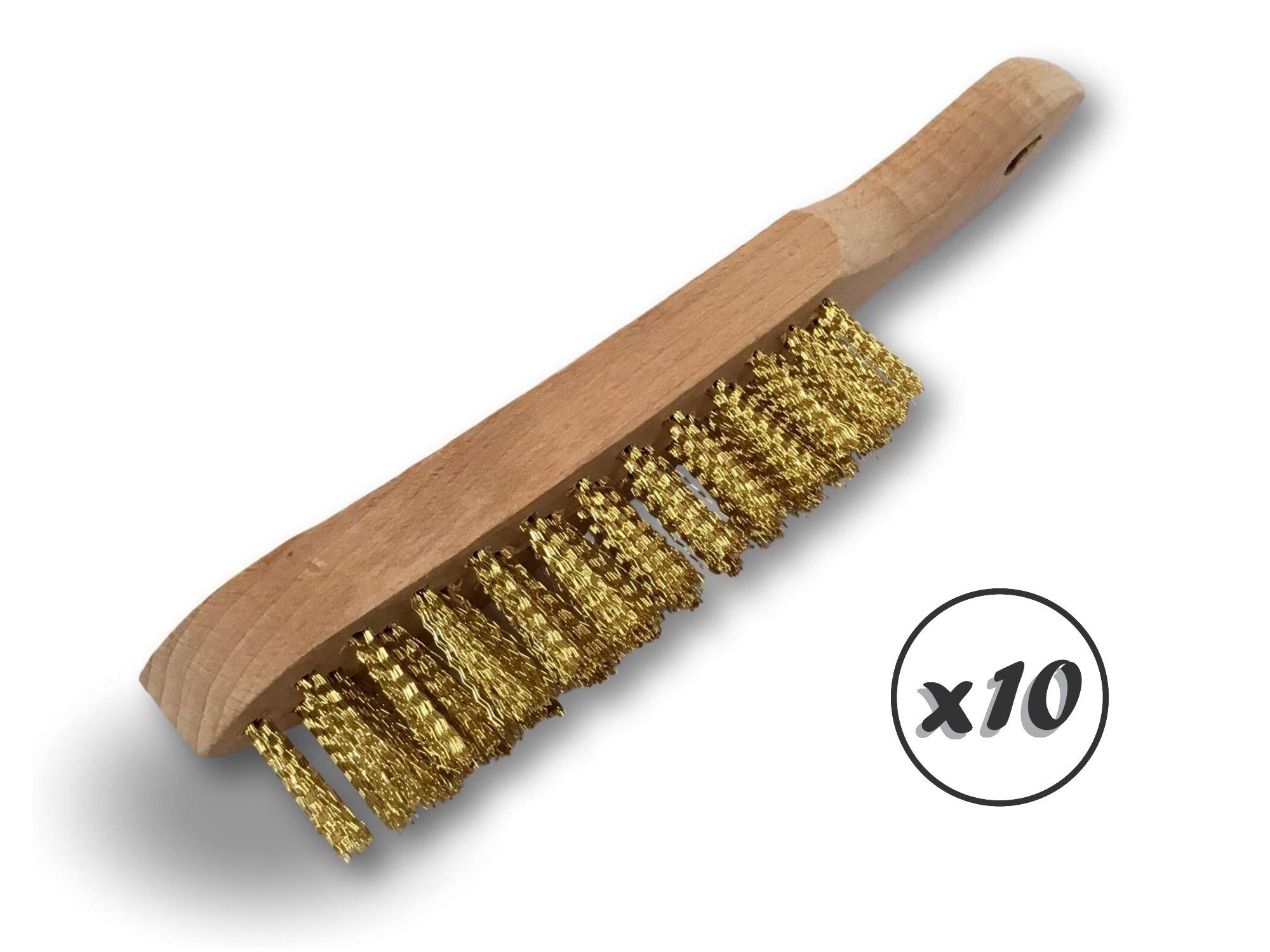 Standardowa szczotka druciana do spawania ręcznego | Zestaw 10 | 4-rzędowy mosiężny drut falisty 30 mm | Drewniany uchwyt | Szczotkowanie usuwanie rdzy | Kibros 32L4x10