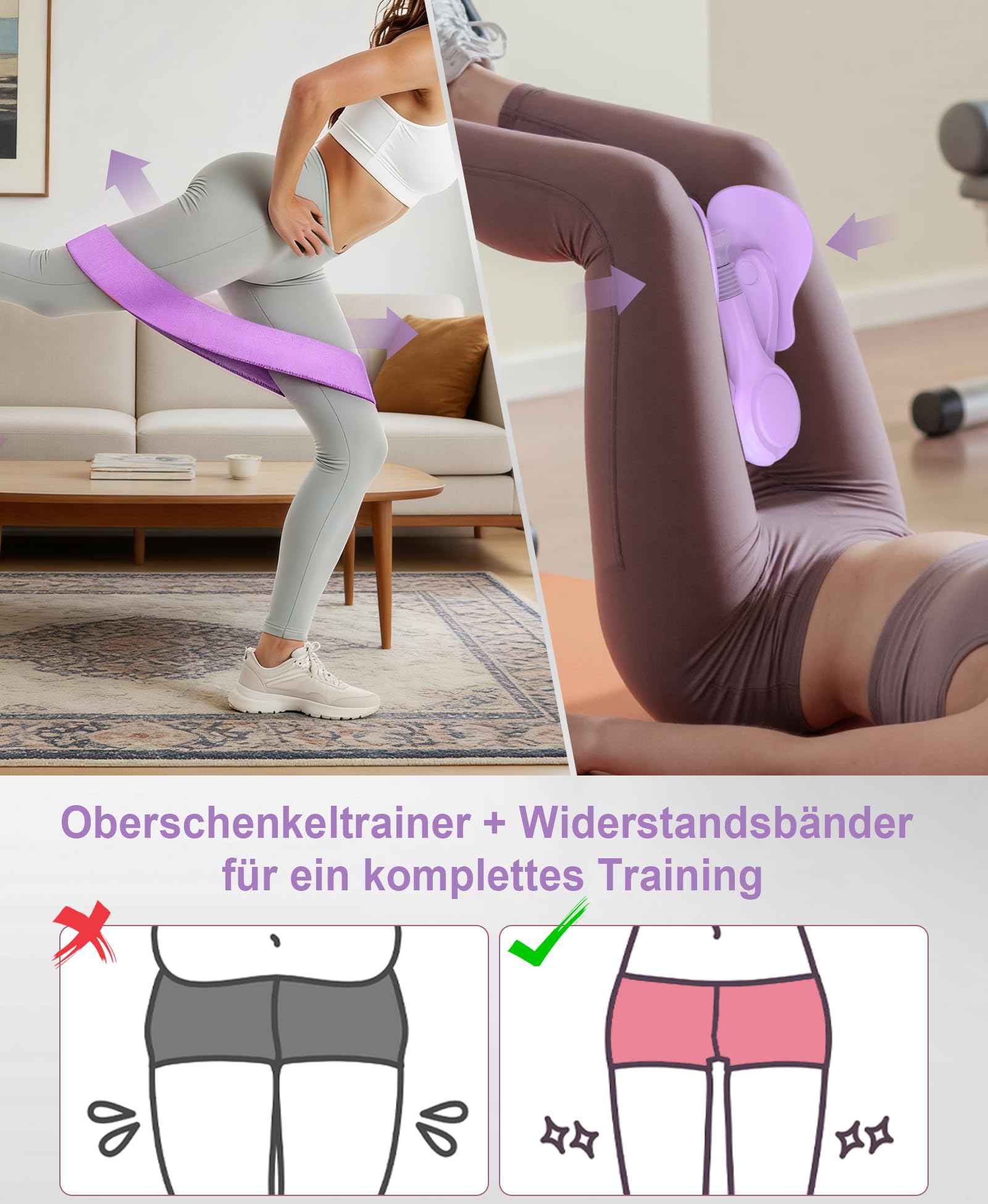 Oberschenkeltrainer Beinpresse für Zuhause 6.8-31.8kg Beckenboden Trainingsgerät Beintrainer für Damen/Herren, Kegel Beckenbodentrainer für Postpartum Erholung mit Widerstandsband