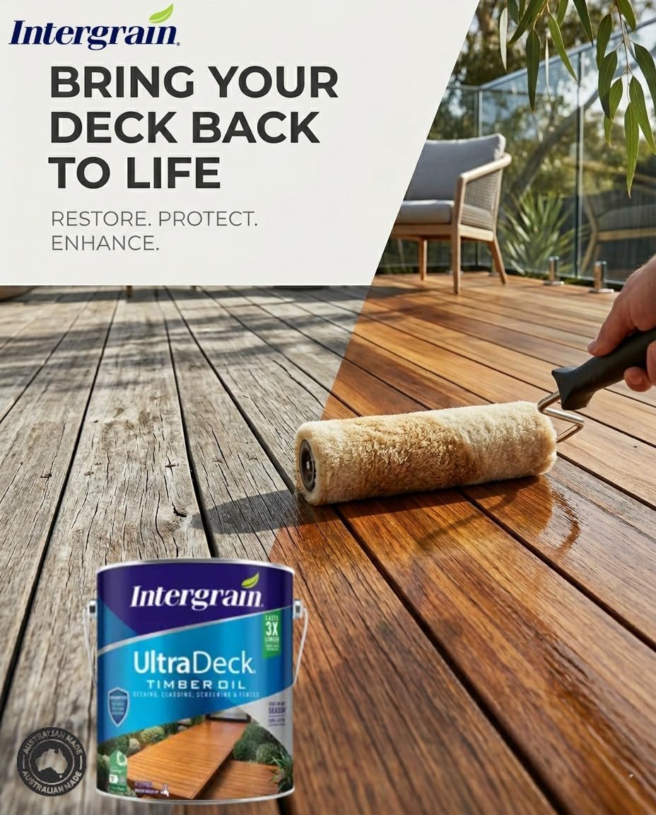 Intergrain UltraDeck Exterior Wood Deck Oil β Natural Finish (4 LTR) | Waterproof & UV Resistant Coating for Decks & Outdoor Furniture | Low Odour, Water-Based, Long-Lasting Wood Decking Oil 1
