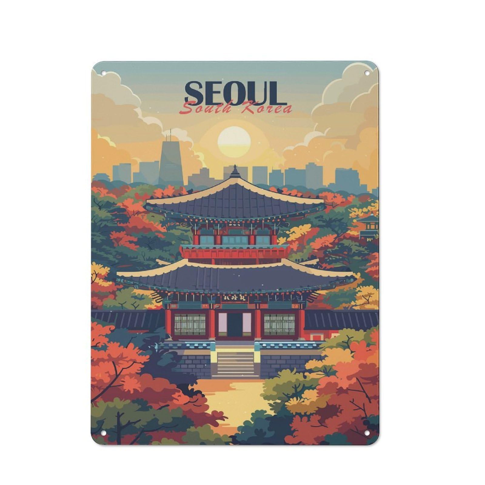 Junmoney Seoul Cityscape With Temple Metal Plaque 40X30cm With For Home Bar Wall, Retro Decor, For Garage, Workshop And Man Cave Decoration