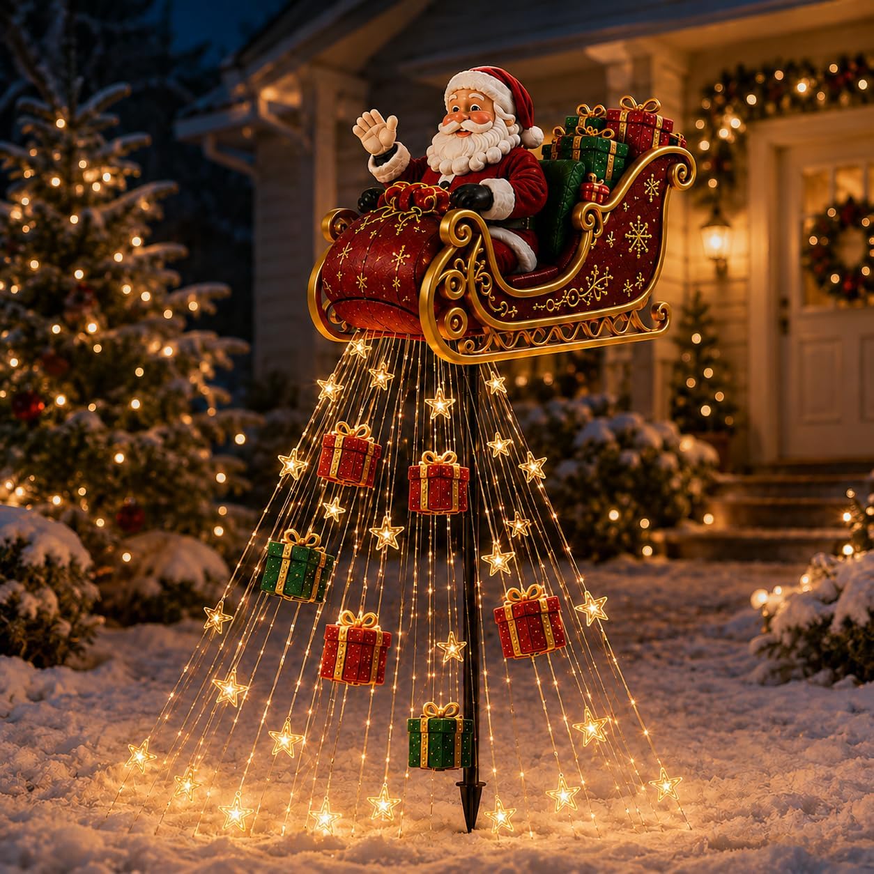 Santa's Flying Sleigh Gift Cascade Solar Christmas Garden Light for Holiday，Santa