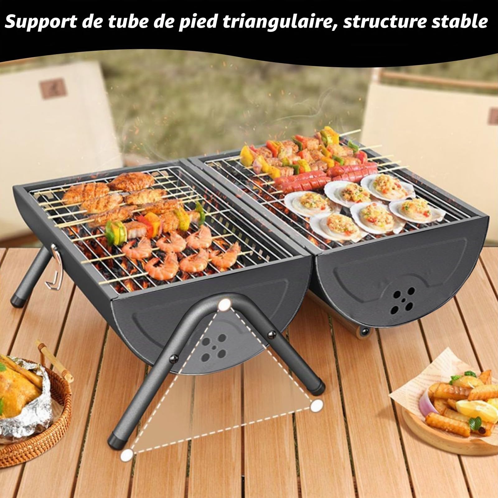 Barbecue au charbon de bois double face portable - Petit barbecue au charbon de bois pour griller et rôtir - Barbecue de table léger pour l'extérieur, le camping, le pique-nique