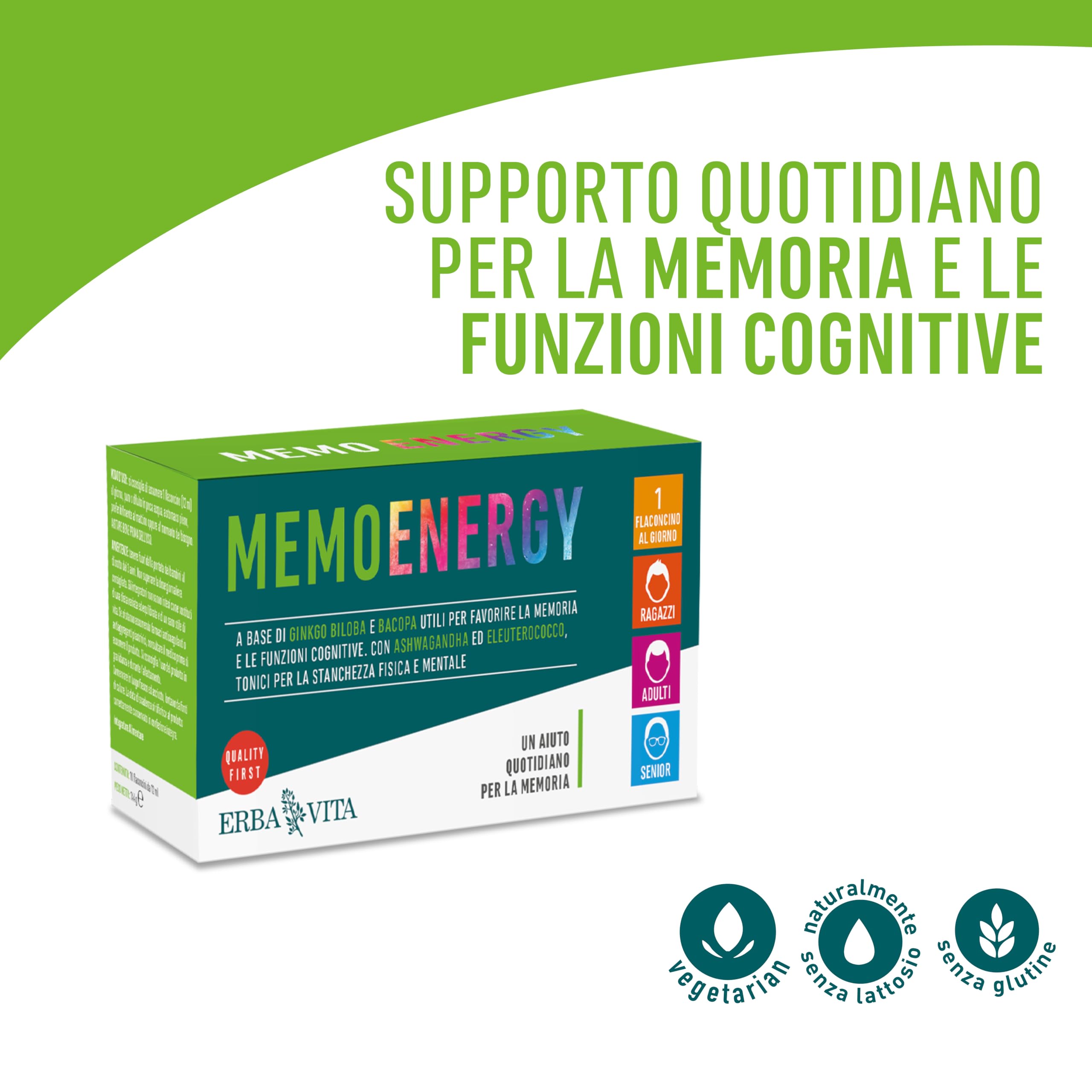 ERBA VITA Memo Energy Flaconcini integratore alimentare a base di Ginkgo Biloba e Bacopa utili per favorire la memoria e funzioni congnitive - Formato 10 Flaconcini