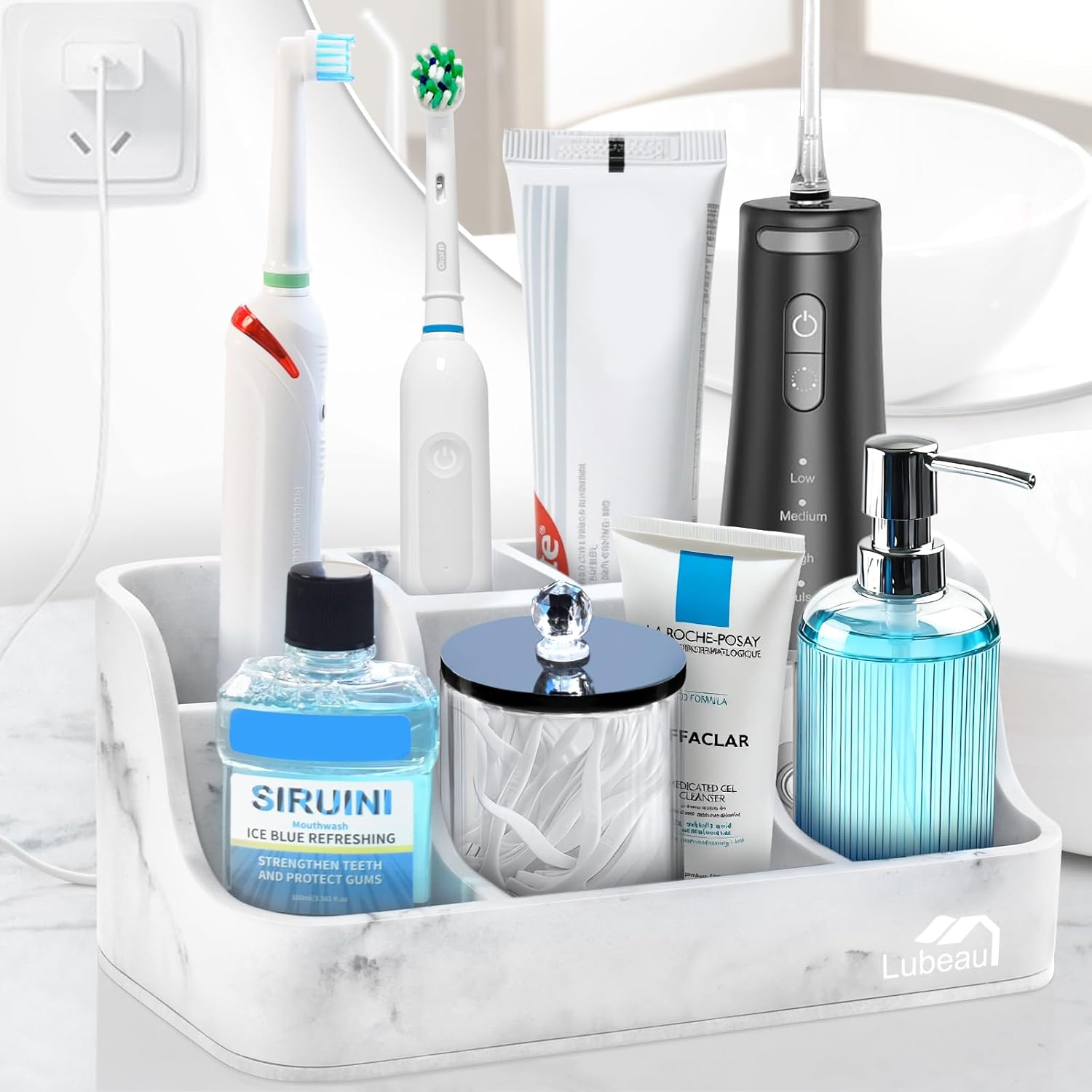 Electric Toothbrush Holder with Instant-Dry & 6 Slots | Heavy-Duty Large Countertop Organizer with Cable Holes, for Manual & Electric Toothbrushes, Marble White