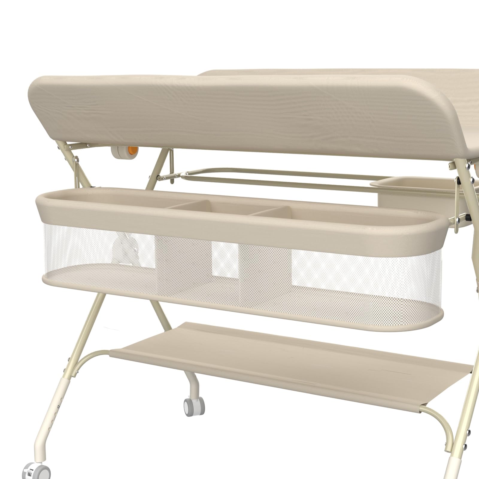 Supfine Table à Langer Pliable, Plan à Langer avec Panier Latéral et Tringle de Suspension, Réglable en Hauteur, avec roulettes Verrouillables (Crème, 4 en 1)