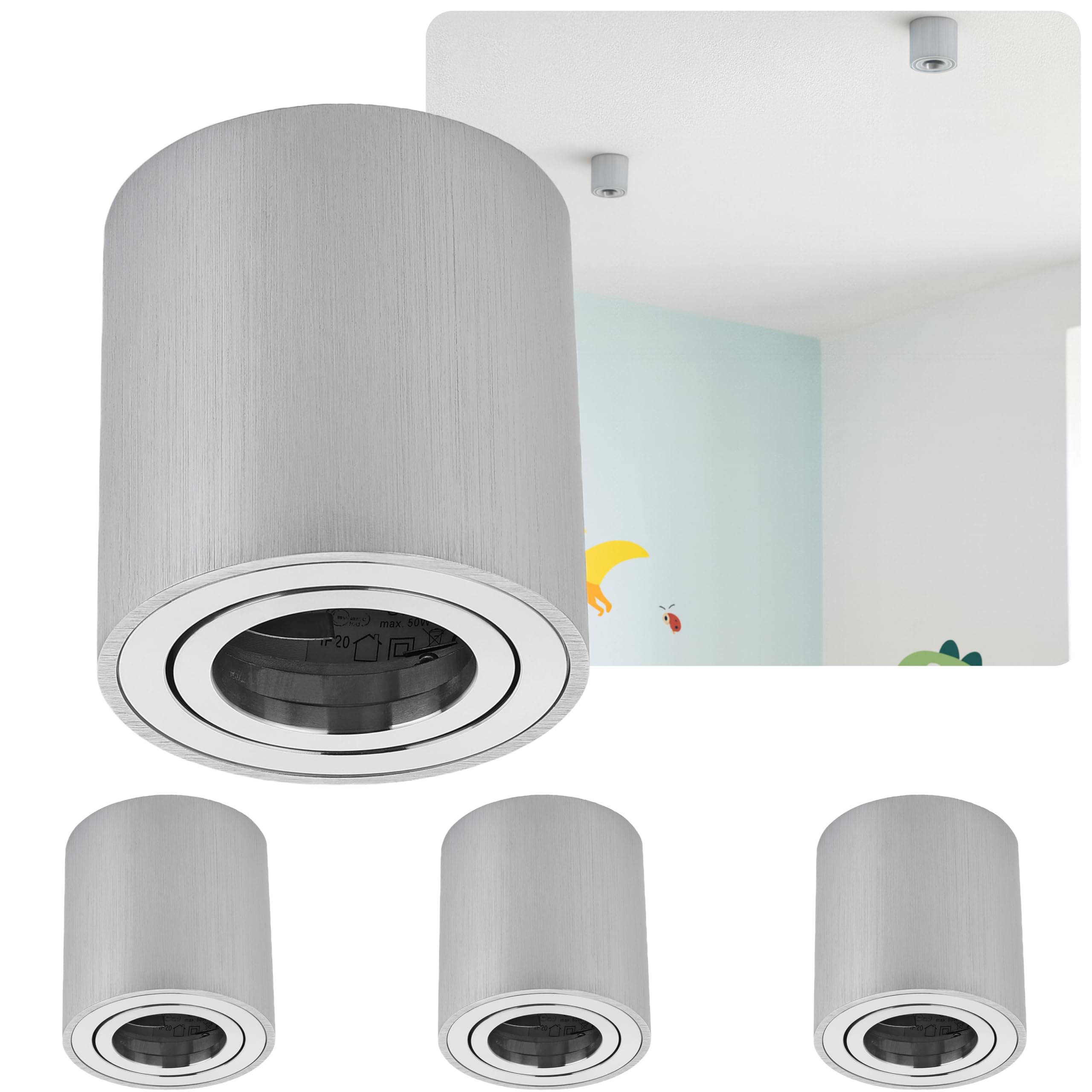 Sweet LED 4x marco de superficie de aluminio - foco de superficie IP20 orientable con casquillo GU10, 230V - focos de superficie redondos - 80x84mm, plateado
