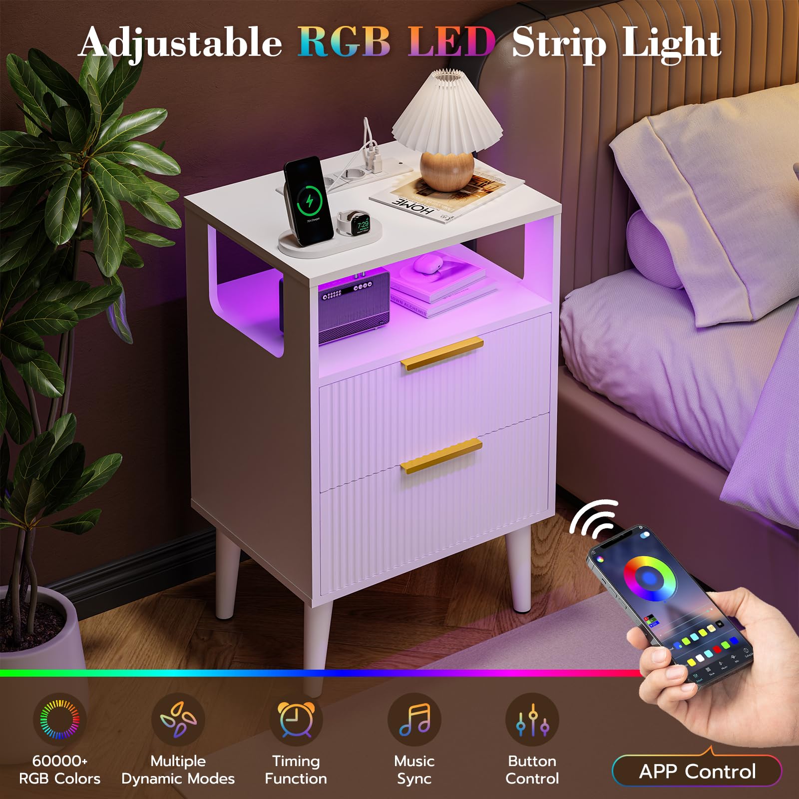 YOUDENOVA Comodini Camera da Letto, Elegante Tavolino Salotto con Presa Elettrica Integrata e Illuminazione a LED, 2 Cassetti e Scomparto, 2 Porte USB, 30 x 40 x58 cm, Bianco