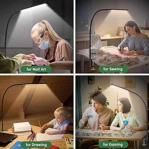Miniatura 7 de Lámpara de escritorio con abrazadera, luz LED con clip para cuidado de los ojos, brazo flexible de 27 pulgadas de alto, 3 modos de color, 10 brillo,