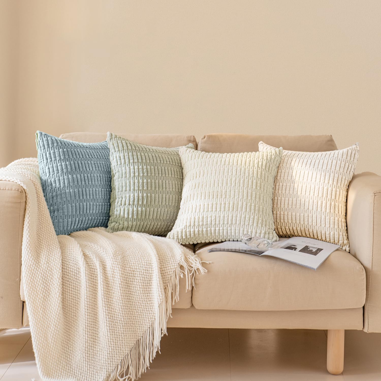 Softalker Throw Pillow Covers 18x18 Inch, Set of 4, Corduroy Soft Striped Farmhouse Boho Pillow Cover, Modern Decorative Cushion Pillow Case for Couch Sofa Bedroom Living Room, Light Blue