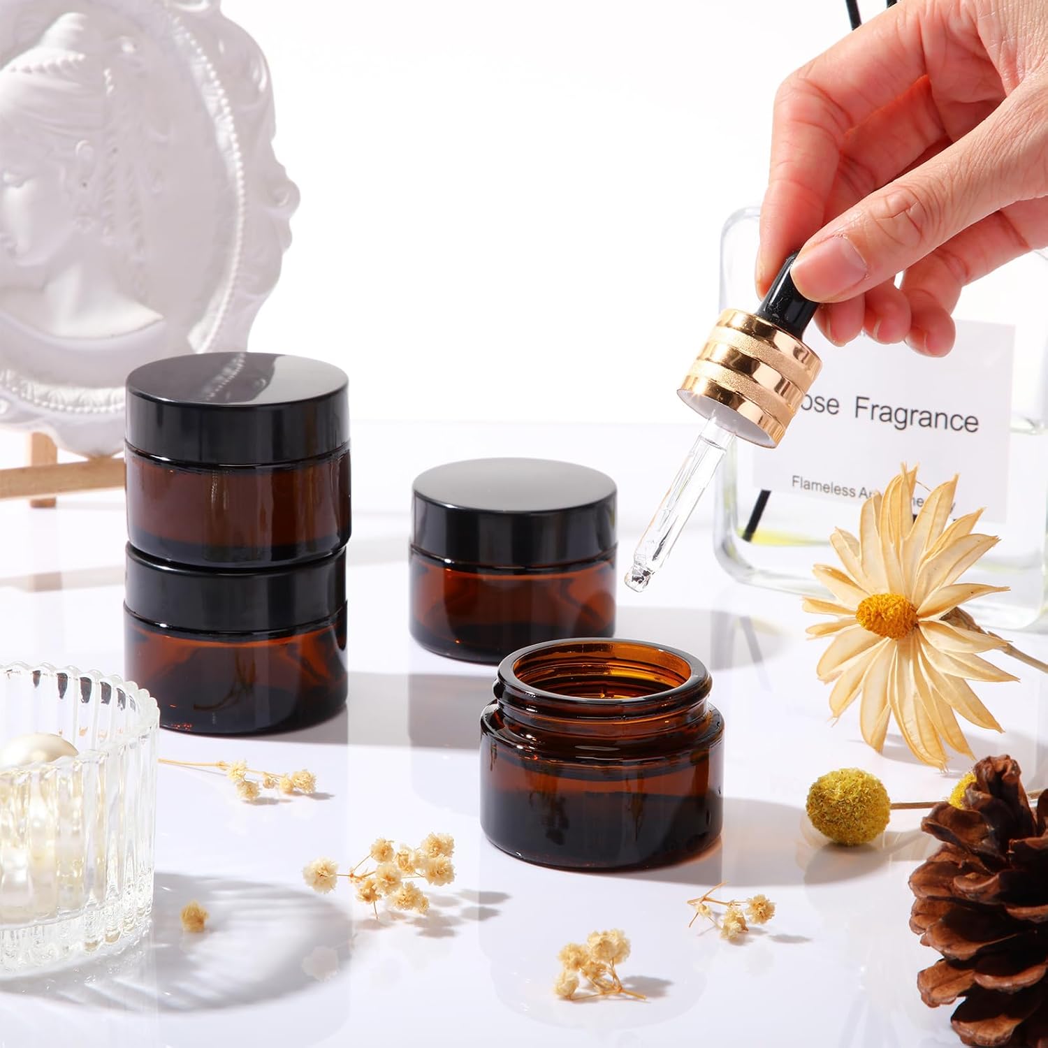 Domensi 60 Pcs 1oz Glass Jars with Lids Bulk Salve Tins Winter Cream Container Small Glass Candle Cosmetic Jars for Travel Lip Balm with Inner Liners for Lotion Sample Cream(Amber, Black Lid)