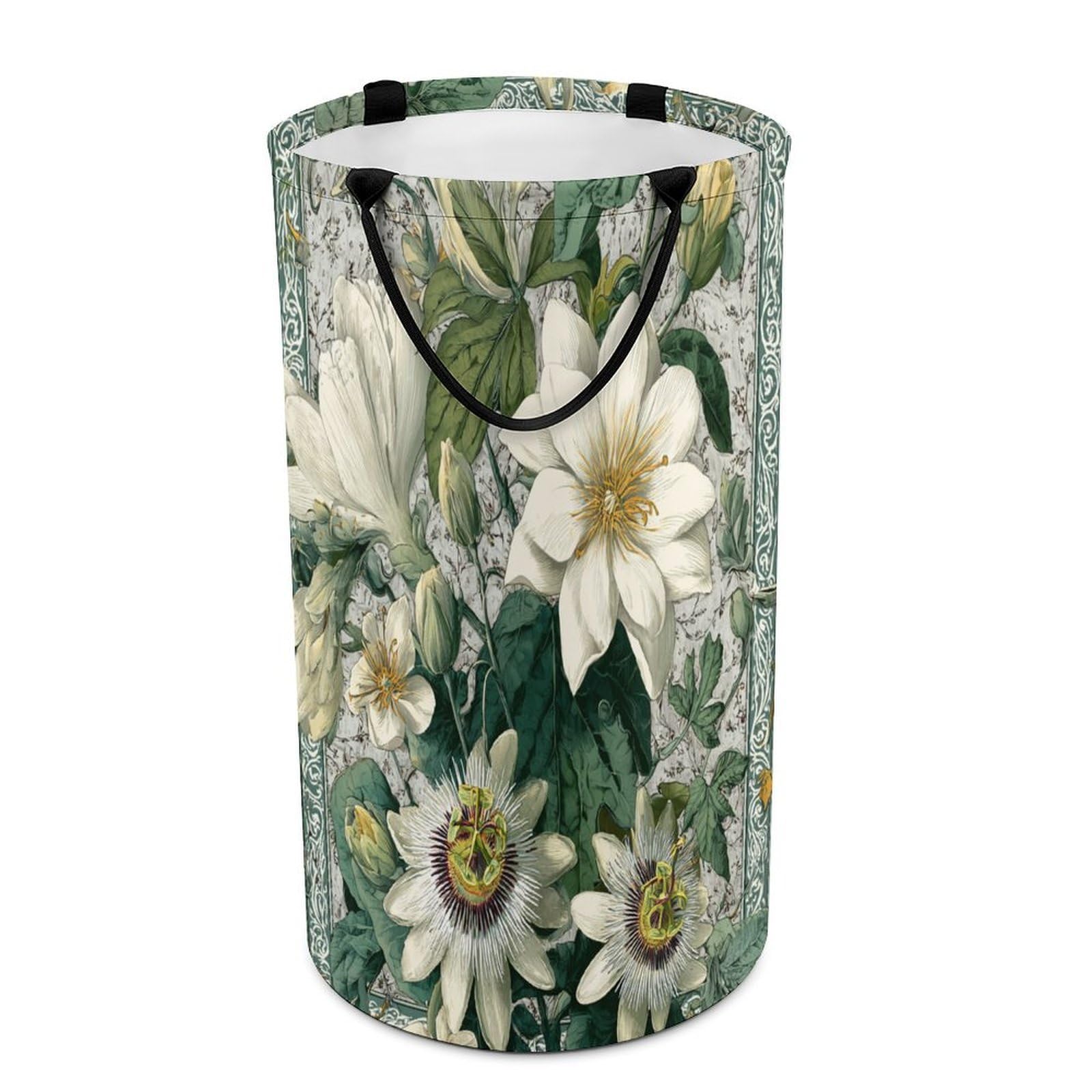 LUYYSKY Elegant Realistic Green Floral Versatile Storage Laundry Basket, Beautiful Retro Botanical Plant Green Flowers Leaves Pattern Large Capacity Bathroom Hamper With Handle