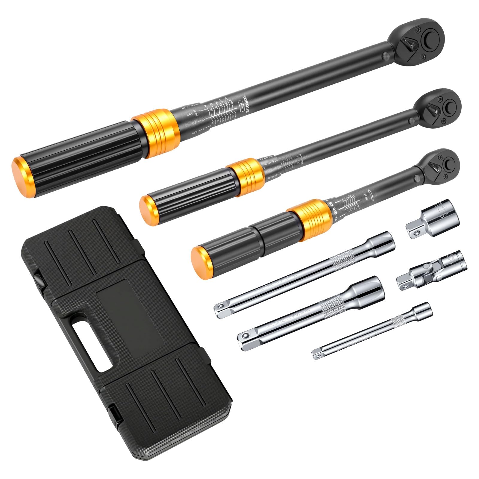 Juego de llaves dinamométricas de 3 piezas (1/4", 3/8", 1/2"), carraca de 72 dientes, ± 3% de precisión con 3 extensiones y 2 adaptadores – Herramienta profesional para bicicleta, moto, coche