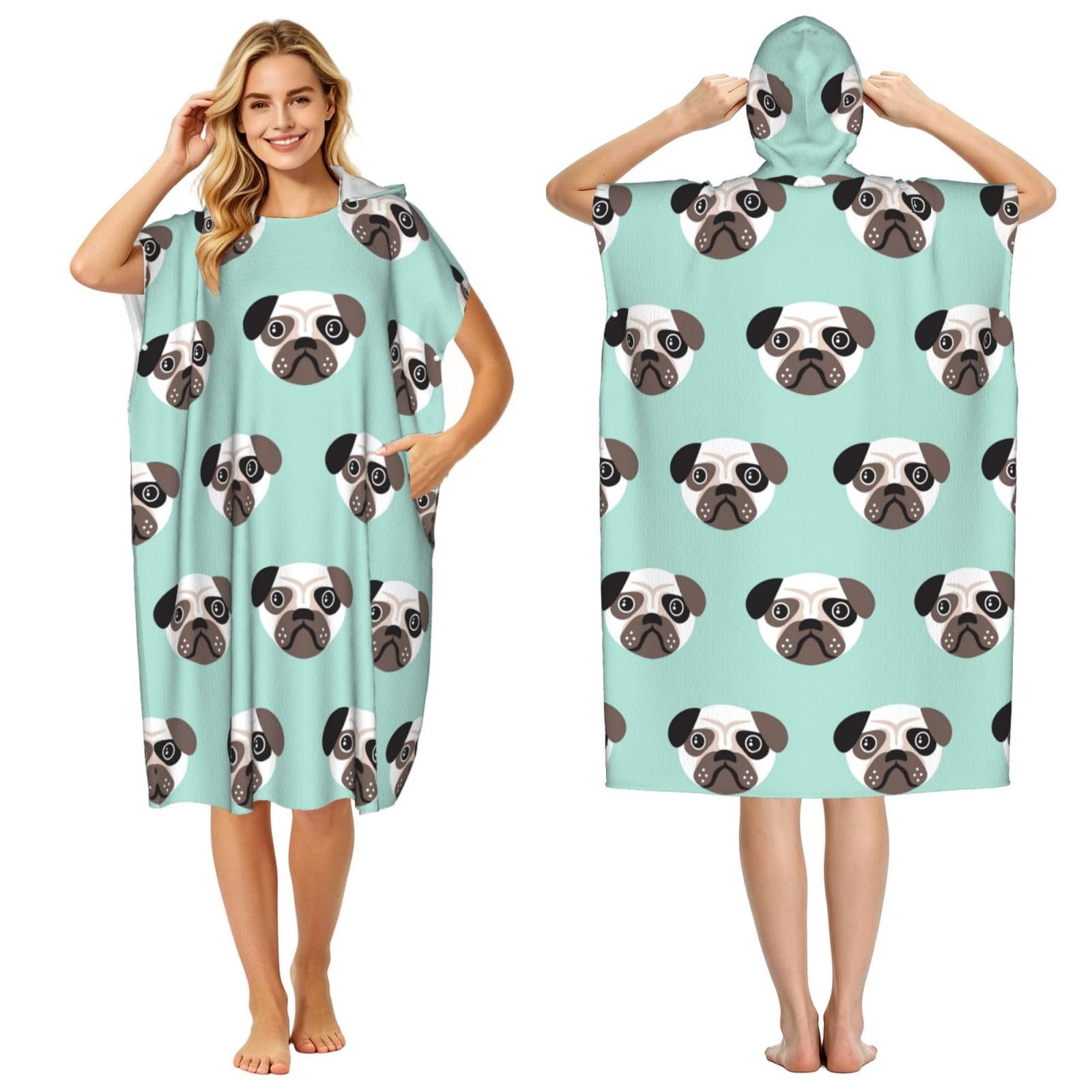 Poadnly Pug Blue Puppy Illustration Kids Pattern, Adult Hooded Beach Towel 90 x 110 cm,Changing Bath Robe, Surf Poncho Towel For Women Men