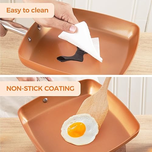 Miniatura 3 de Sartén cuadrada de cobre antiadherente, sartén de chef de 9.5 pulgadas con revestimiento de cerámica, apto para horno y lavavajillas, sin PFOA, uso