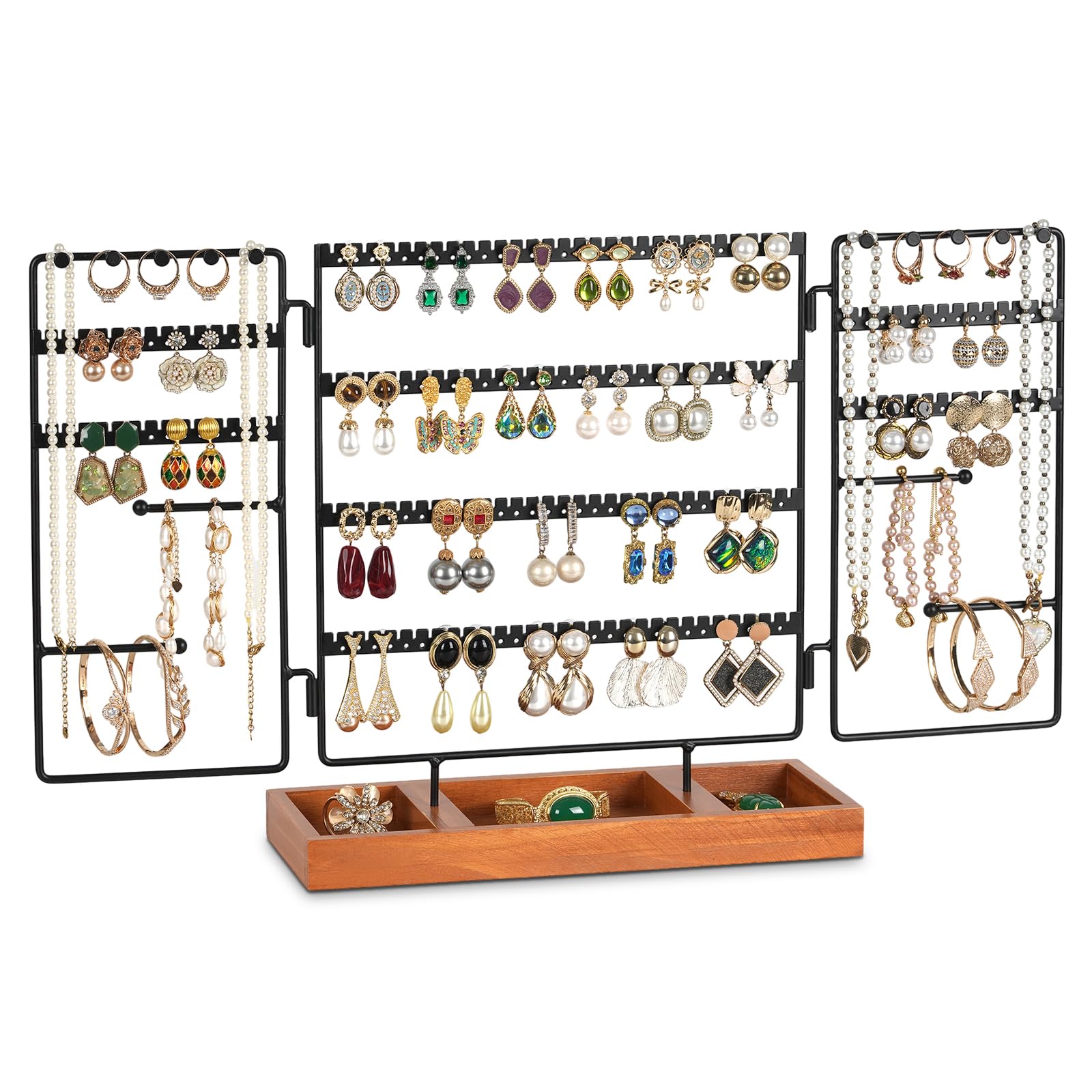 présentoir à boucles d'oreilles, support à boucles d'oreilles, présentoir à bijoux, rangement à bijoux mobile, support à bijoux et plateau en bois - organiseur de boucles d'oreilles