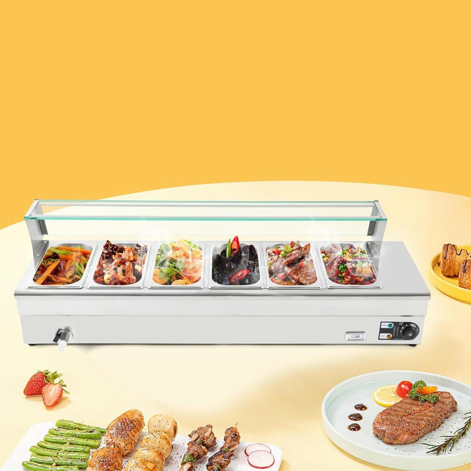 Calentador de alimentos, 6 sartenes 1/3 GN, mesa de vapor eléctrica comercial de acero inoxidable, 1200 W, 19 cuartos de galón con protector de vidrio templado