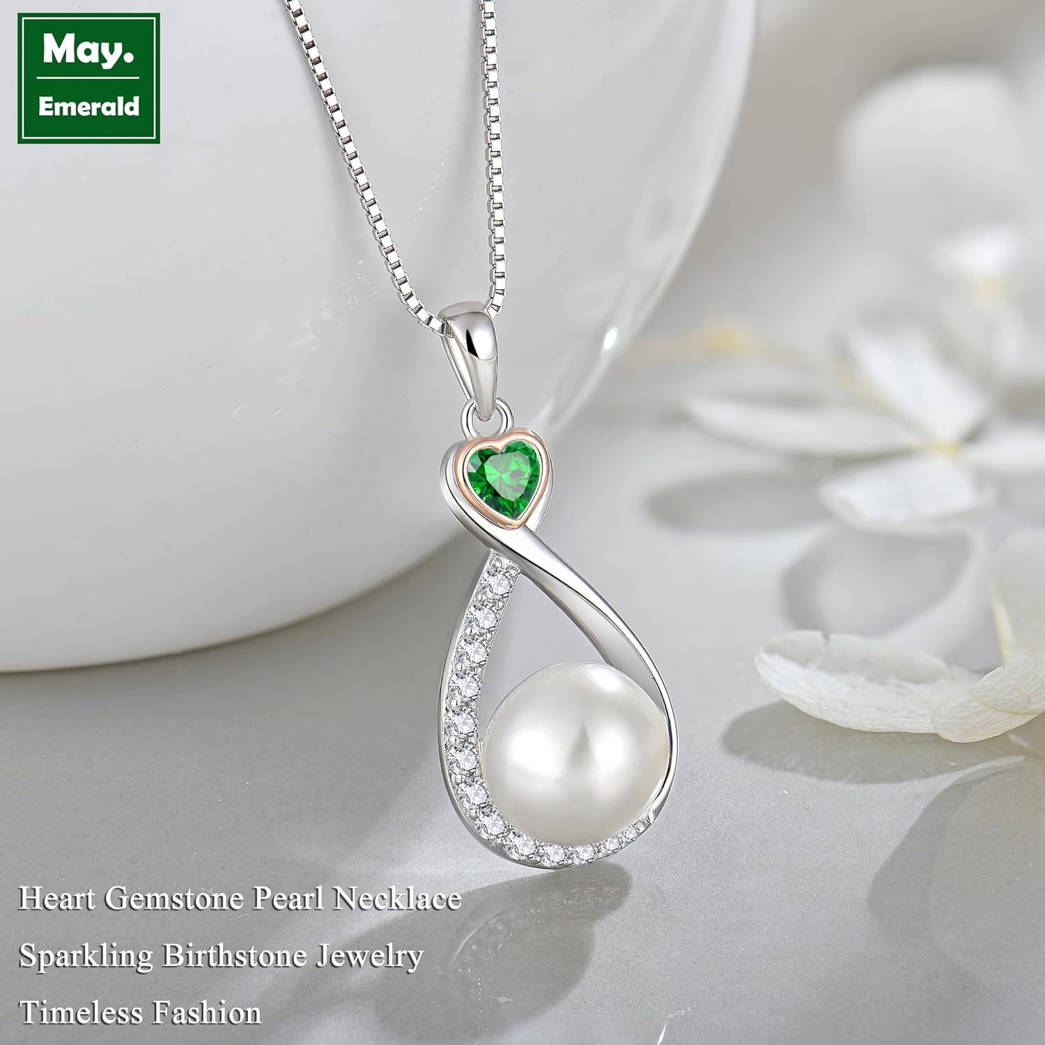 Heart Birthstone Pearl Pendant Necklace, 925 Sterling Silver Infinity Necklace with 10mm Freshwater Cultured Pearl & 4mm Gemstone Jewelry for Women - Image 2