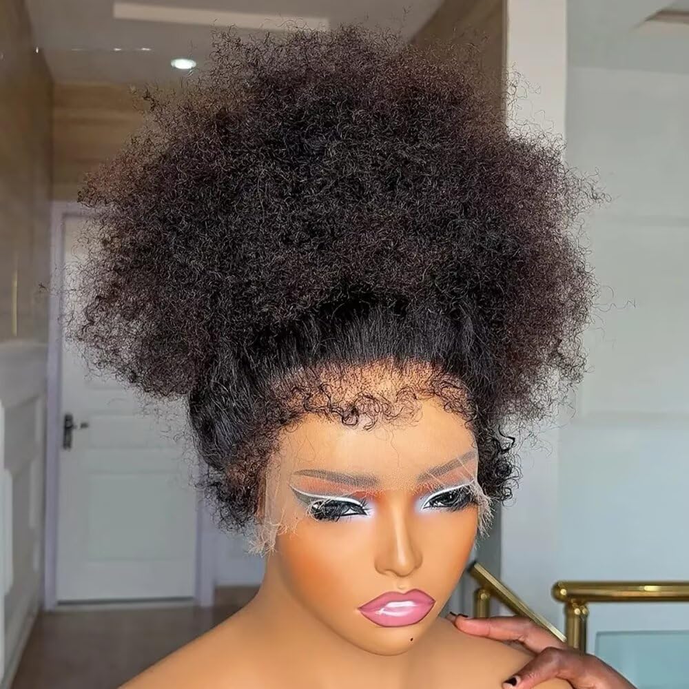 4C kinky Edges Glueless Soft Natural Color 180 Density Afro Kinky Curly HD Transparent 360 Invisible Lace Front Wig Mongolian Human Hair with Curly Baby Hair Afro Curly Wig Preplucked Bleached Knots