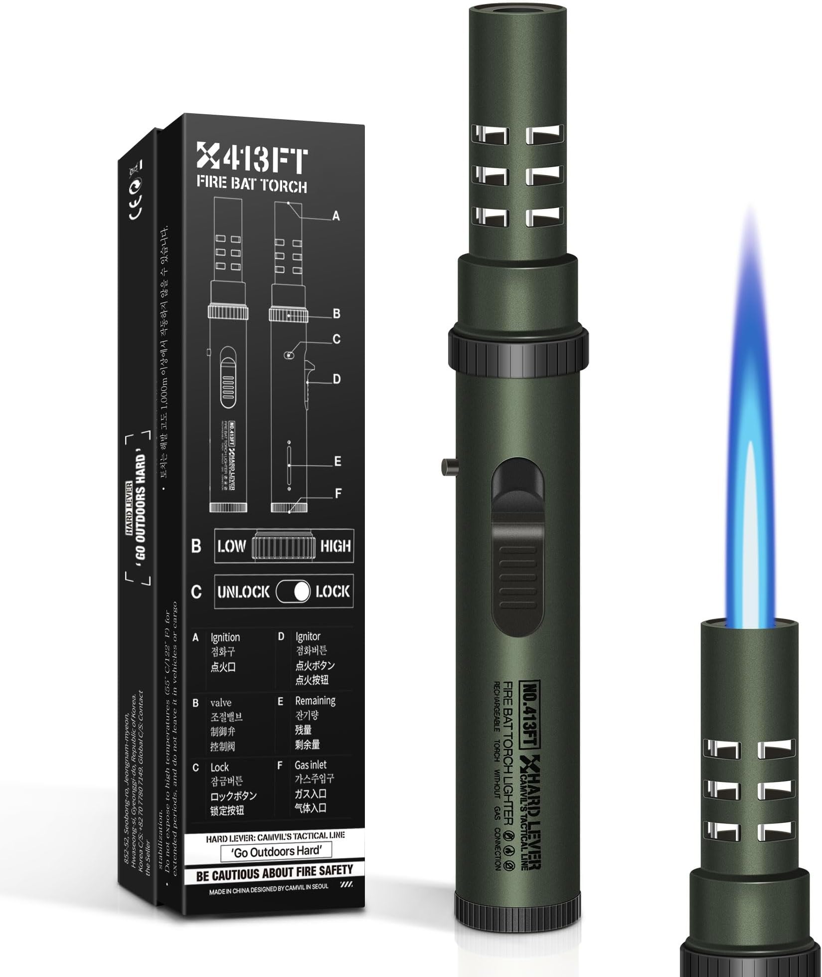 Camping Lighter, Torch Lighter, Windproof Jet Flame Butane Refillable Adjustable Flame with Safety Lock&Fule Guage for Campfires Kitchen Hiking Candles Fireplace BBQ Outdoor Camping Essentials(Green)