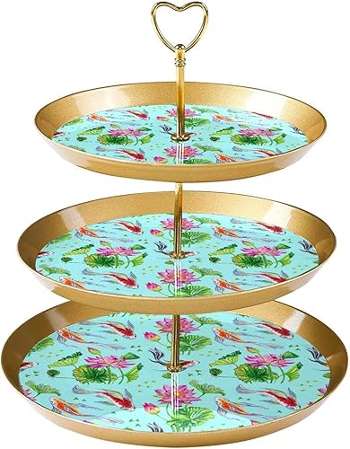 3 Tier Cake Stand, Lotus Flowers and Japanese Koi Dessert Display Tower, Plastic Round Cupcake Holder Serving Tray for Wedding Birthday Tea Party