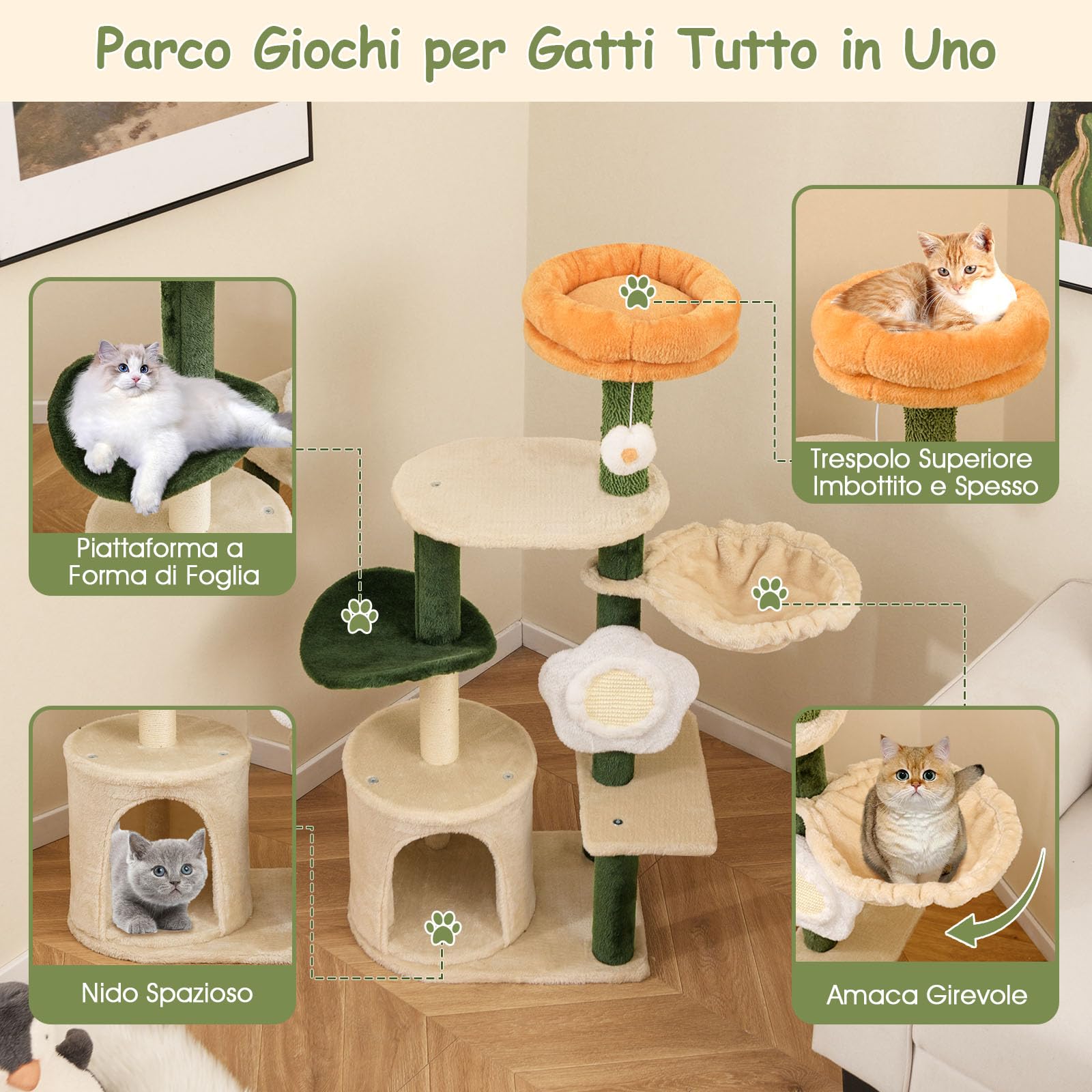 COSTWAY Tiragraffi per Gatto Alto 114 cm Forma di Fiore, Albero Tiragraffi Gatto con Amaca, Grotta e Palla Pompon, Torre Tiragraffi per Gatti con Pali e Tavola in Sisal, Verde e Beige