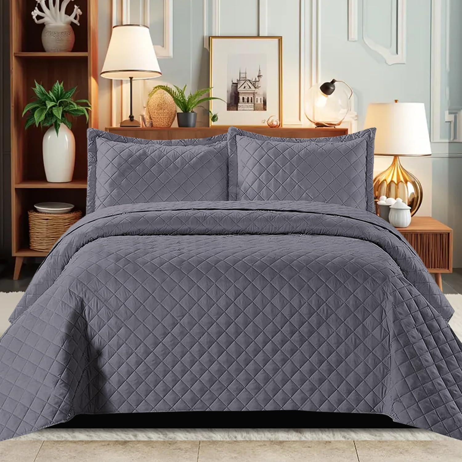 B&B Quilted Bedspread Bed Throws - Luxury Embossed Diamond Check Pattern Reversible Quilt Bedspreads Coverlets for Bedroom Decor with Matching Pillow Shamss (Double, Grey)