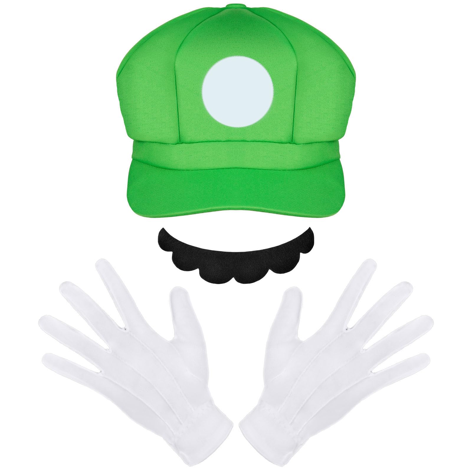 Aomig 3 Pcs Mario Cosplay Costume Accessories Kits, Mario Baseball Cap Mario Gloves and Mario Beard, Mario costume cap for adults, Mario Snapback Cap for Mardi Gras, Carnival & Cosplay(Green)