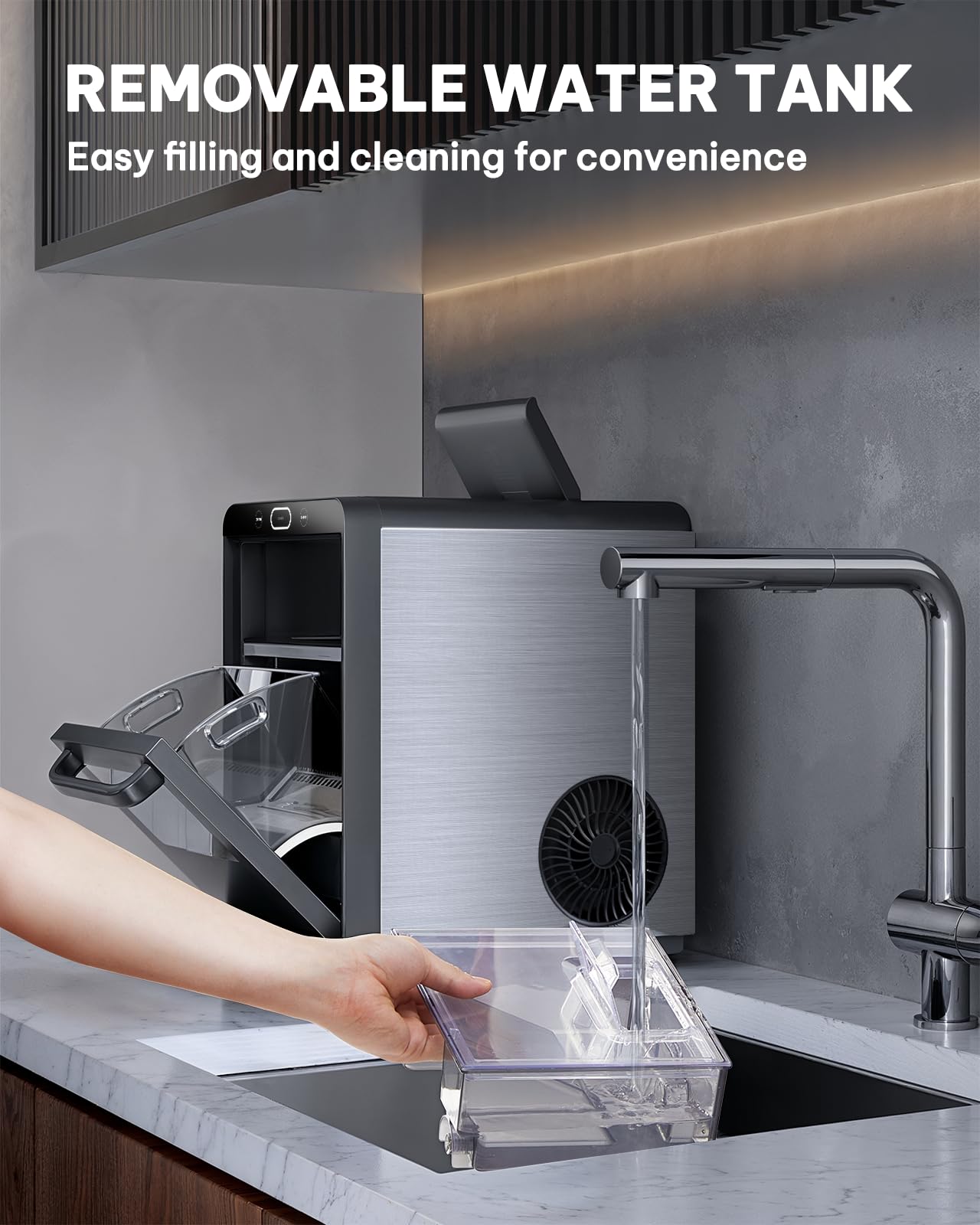 Silonn Nugget Ice Maker Countertop - 44lbs/24h Crushed/Pebble Ice Machine, Front Pull-Out Water Tank & Removable Basket, Stainless Steel Finish For Home Kitchen on Fridge.com - View 5