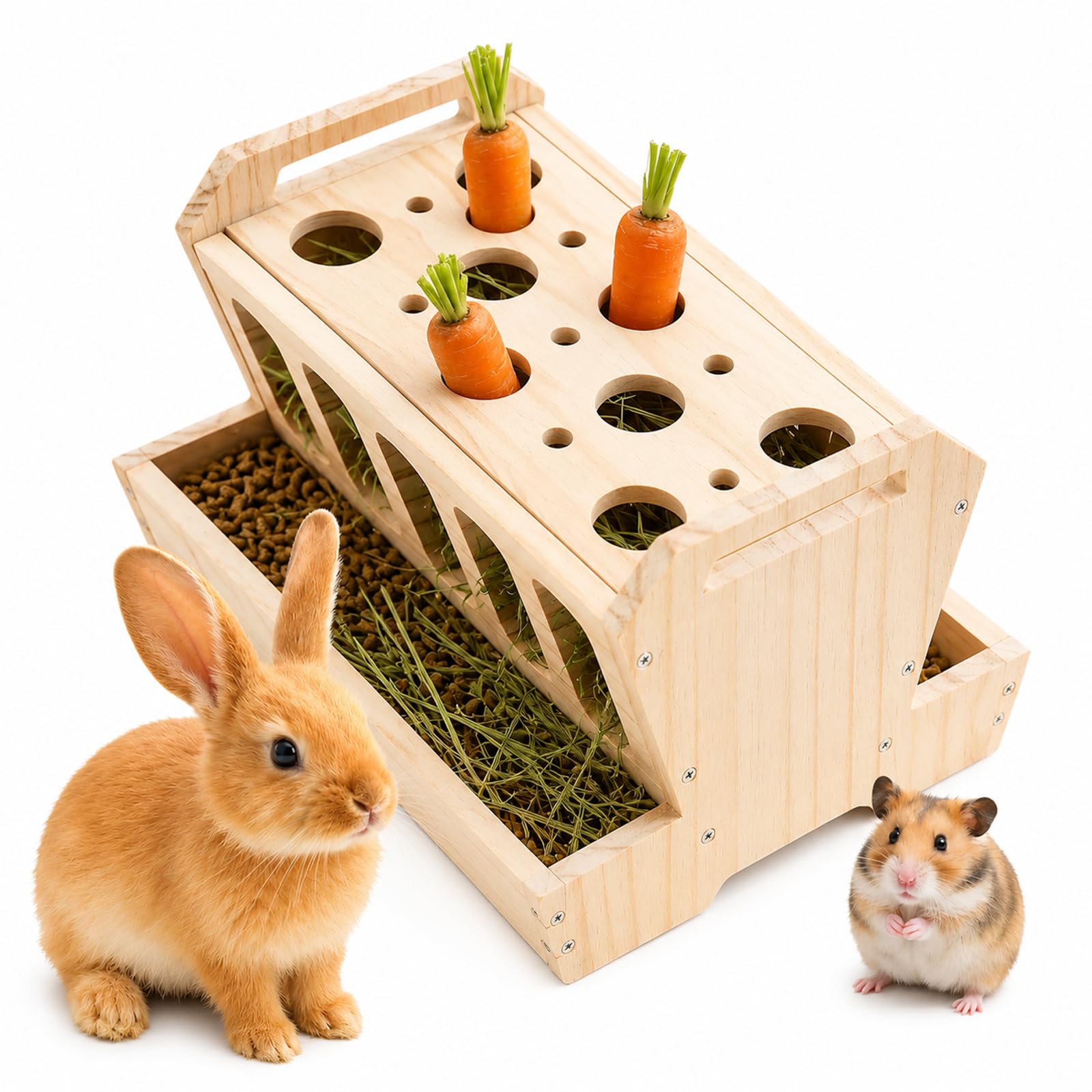 Hölzern Heuraufe für Kaninchen, 30 x 22 x 18 cm Futterraufe mit Karottenhalter, Mehrzweckdesign Naturholz, Heuraufe Kaninchen Meerschweinchen, Hasen, Hamster, Mäuse, Ratten Kleine Haustiere