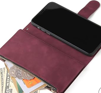 PU Leather Magnetic Seal Handbag Zipper Pocket case Holder Slot with Hand Strap Shockproof flip case Red