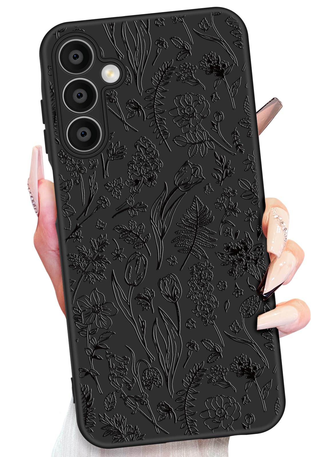 Toycamp for Samsung Galaxy A15 5G Case - Women Girls Flower Floral Cute Phone Cover Black Frosted Slim Fit Design Girly Soft TPU Shockproof Protective