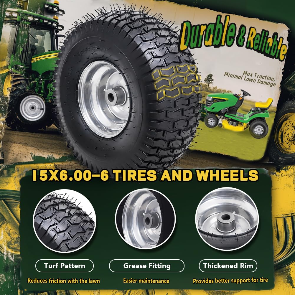 Conjunto de neumáticos y ruedas sin cámara de 15 x 6.00-6 (paquete de 2), neumáticos delanteros de repuesto para cortacésped, compatible con cortacésped y tractor de césped, cubo centrado de 3