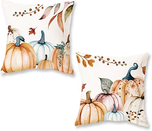 ONWAY Juego de 2 fundas de almohada de calabazas de otoño de 18 x 18 pulgadas, decoración de otoño y Acción de Gracias, fundas lumbares para sofá,
