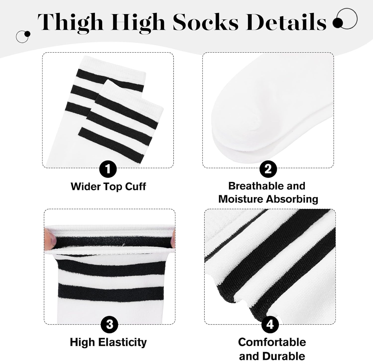 Zando Women's 6-Pack Cotton Thigh High Over Knee Socks - Striped Boot Socks & Leg Warmers for Daily, Sports, Cosplay - Image 4