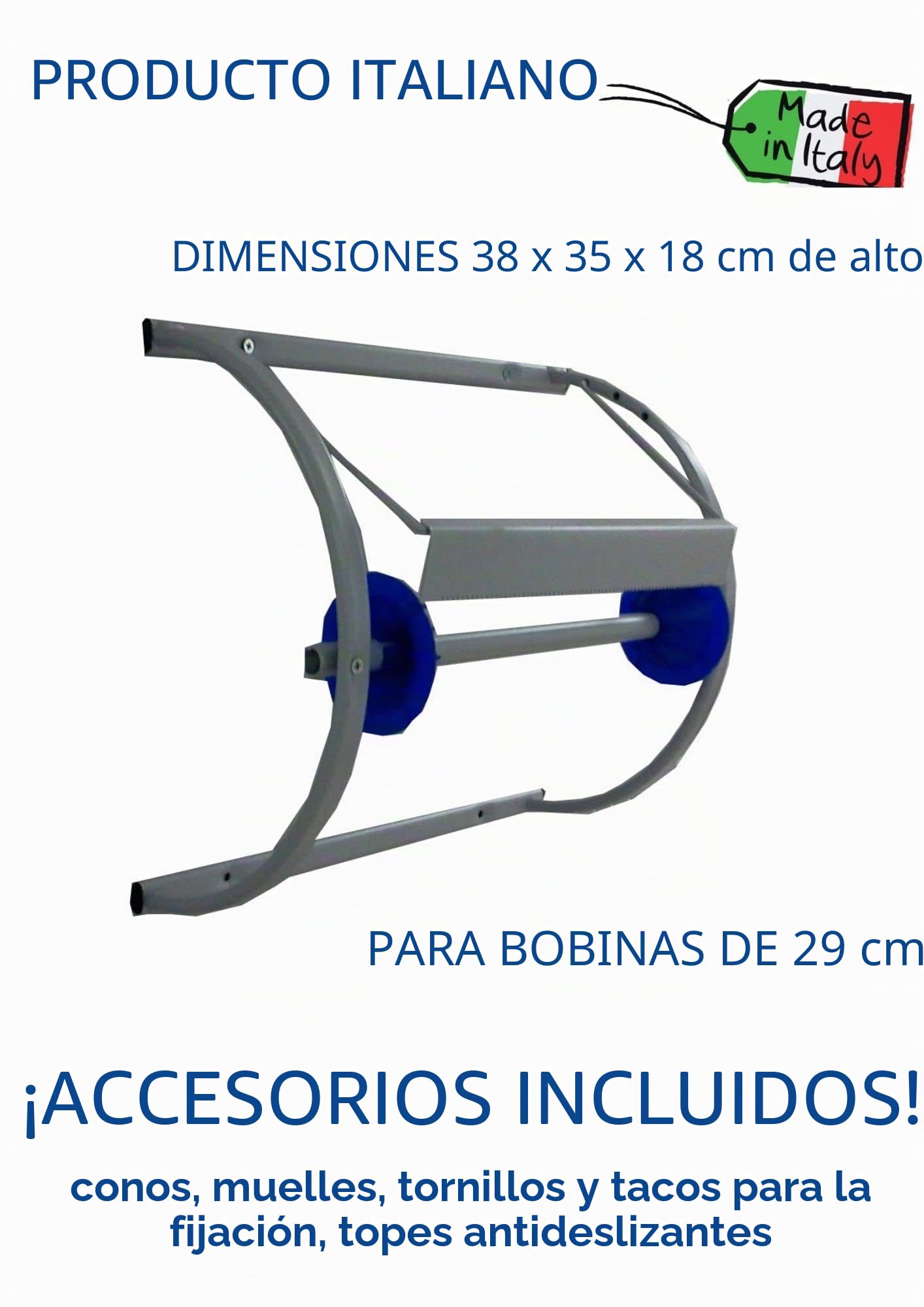 Tecnokit dispensador Porta Rollo Industrial de Pared con Bobina 500 Hojas incluida, Acero Pintado Aluminio, Soporte Robusto para Bobina de Papel 29 cm, instalación rápida 38x35x18h