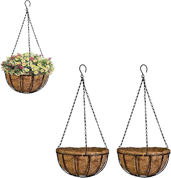Kingbuy 10 Inch Hanging Planter Basket with Coconut Liner Wire Plant Holder Flower Baskets Pot Hanger Home Garden Decoration for Indoor Outdoor, 3 Pack