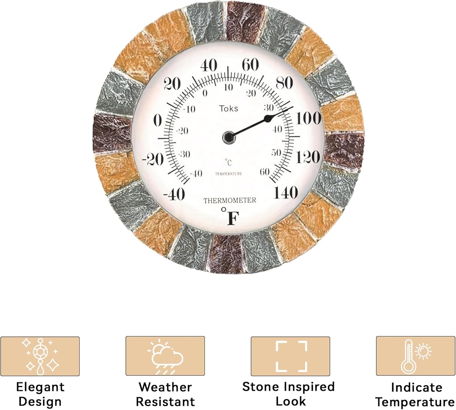 Lily's Home 10 inch Indoor or Outdoor Wall Thermometer Stone Frame Battery Operated Quartz Movement, Operated Decor for Family Room, Office, Game Room,Garden, Backyard, Pool