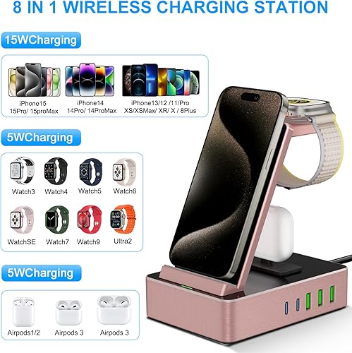 Miniatura 10 de Estación de carga inalámbrica 8 en 1, 2 puertos USB C de 100 W, estación de carga de teléfono celular de aleación de aluminio compatible con iPhone