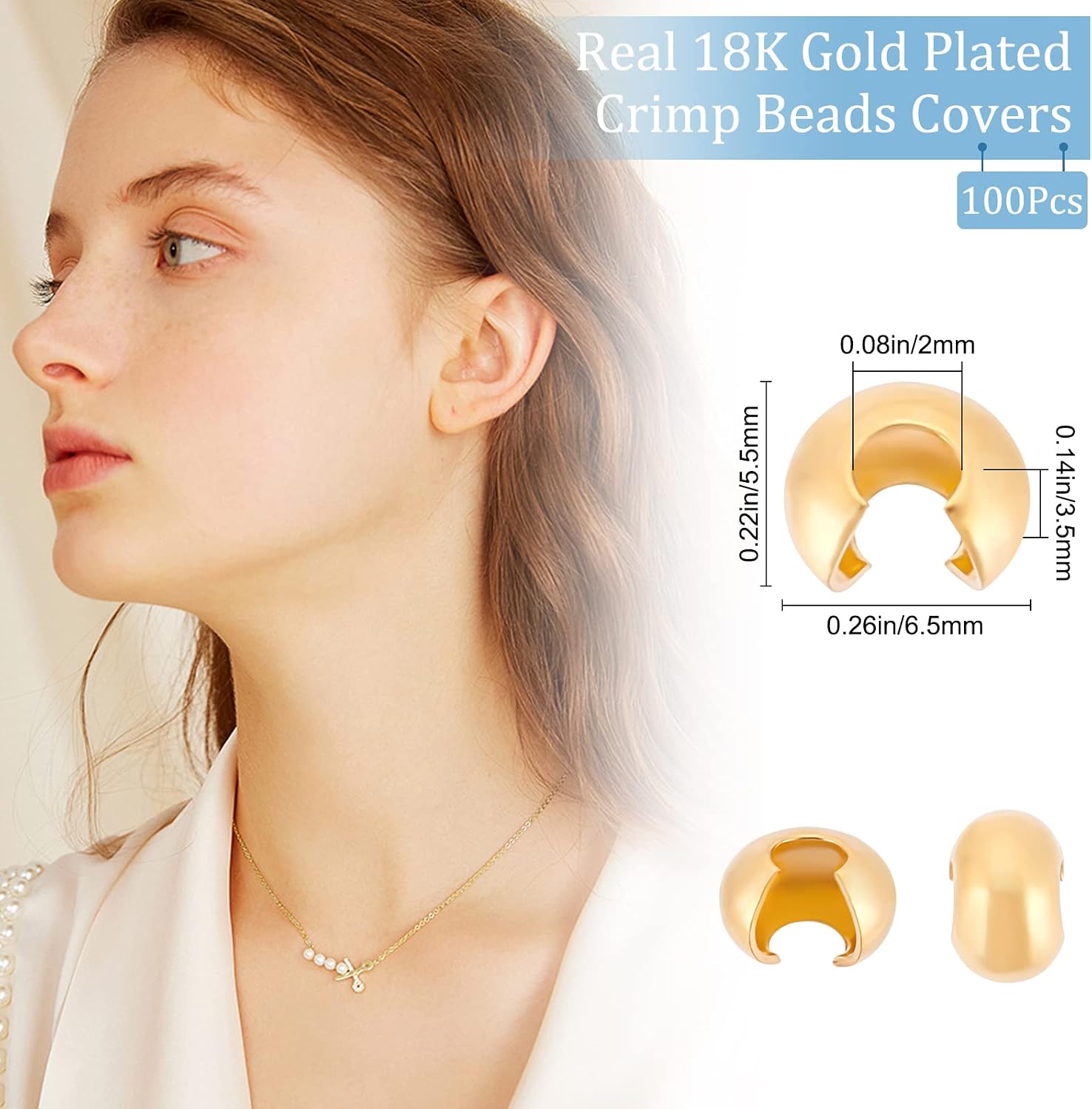 Beebeecraft 1 Box 100Pcs 18K Gold Plated Crimp Bead Covers Metal Half Round Open Crimp Beads Knot Covers Caps 5mm for DIY Jewelry Makings