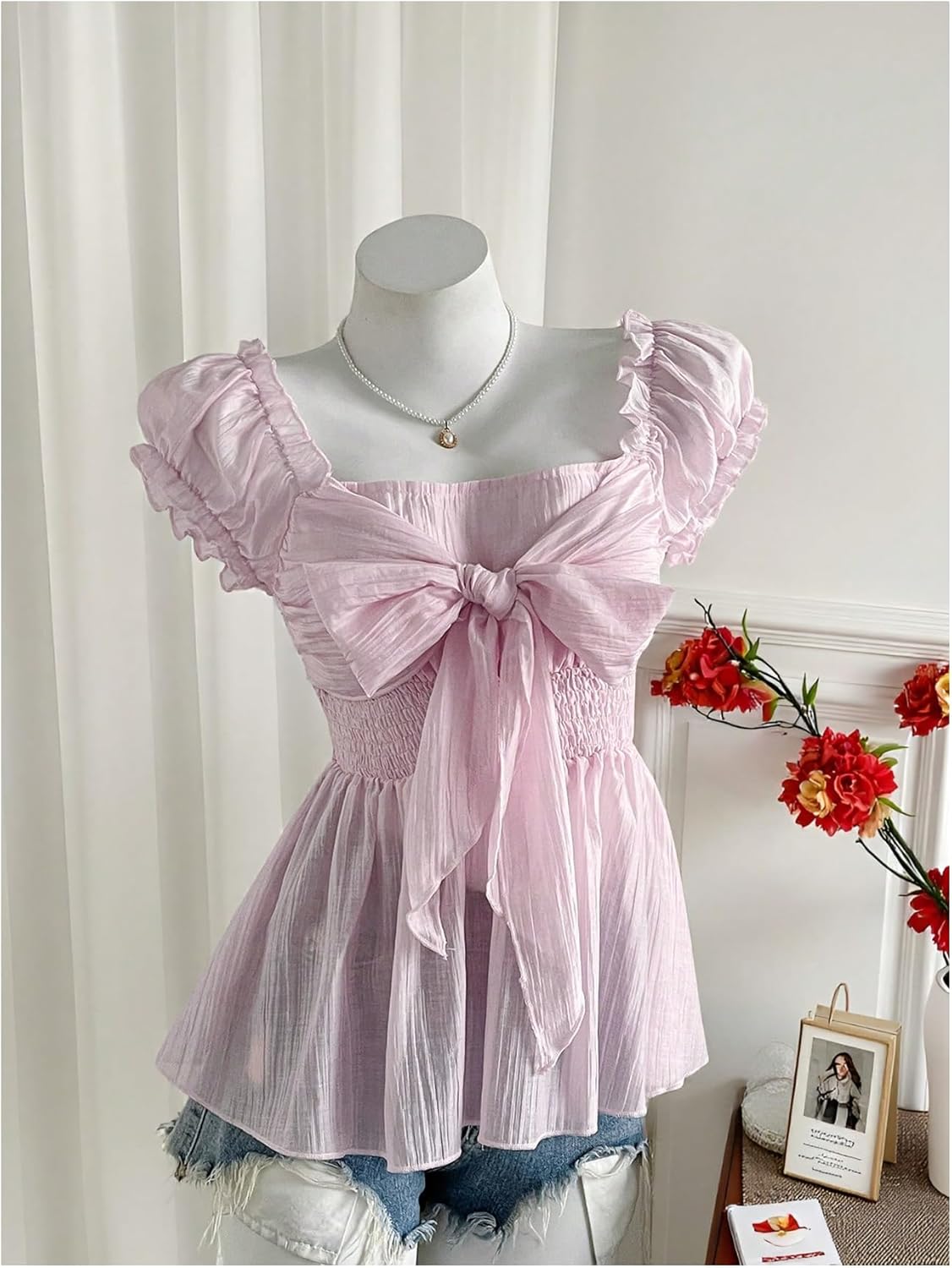 SHENHE Women's Summer Puff Sleeve Peplum Blouse Smocked Tie Bow Coquette Chiffon Shirt Top - Image 4