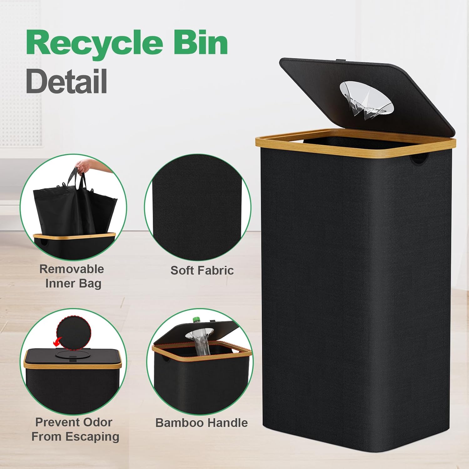 Recycling Bin for Kitchen Home, 26 Gallon 100L Large Capacity Recycle Bin with Lid and 2 Removeable Reusable Inner Bag, Indoor Recycling Bin for Bottles Cans Glass Plastice Cartons (Black)