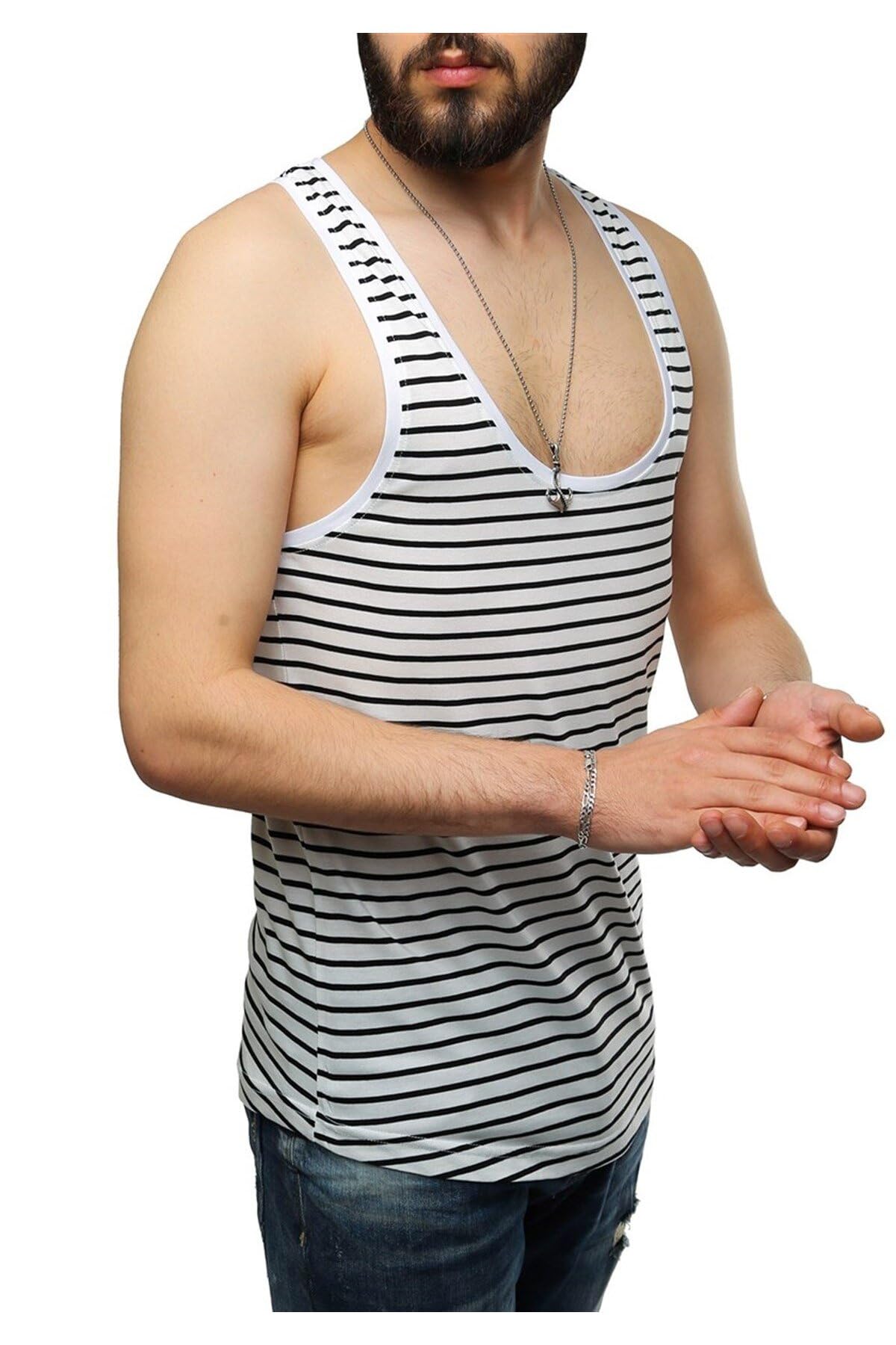 Madmext Erkek Çizgili Beyaz Atlet 2571