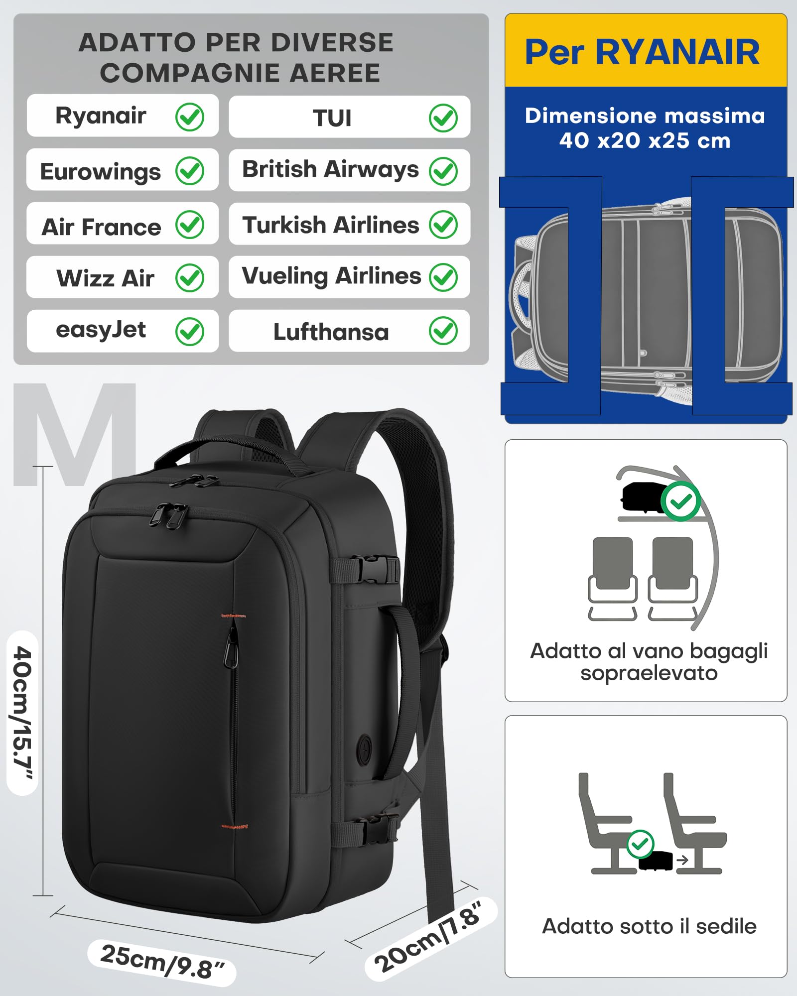 HOTOR Zaino Ryanair 40x20x25 - Zaino da Viaggio Zaino Porta PC Multi-Tasca e Portatile, Bagaglio a Mano Compatibile Ryanair, Con Foro USB, Per Donna e Uomo Lavoro, Viaggi in Aereo e Trekking, Nero