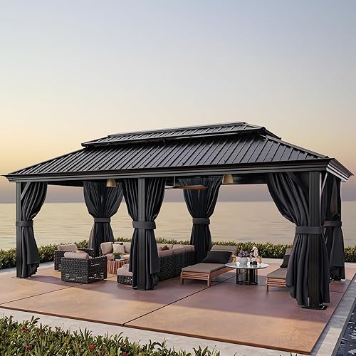 HOTEEL 12x20 Hardtop Gazebo on clearance with Metal Roof & Drainage System, Heavy Duty Galvanized Steel Gazebo with Aluminum Frame, Privacy Curtains and Netting, for All-Weather, Black (2025 Upgraded)