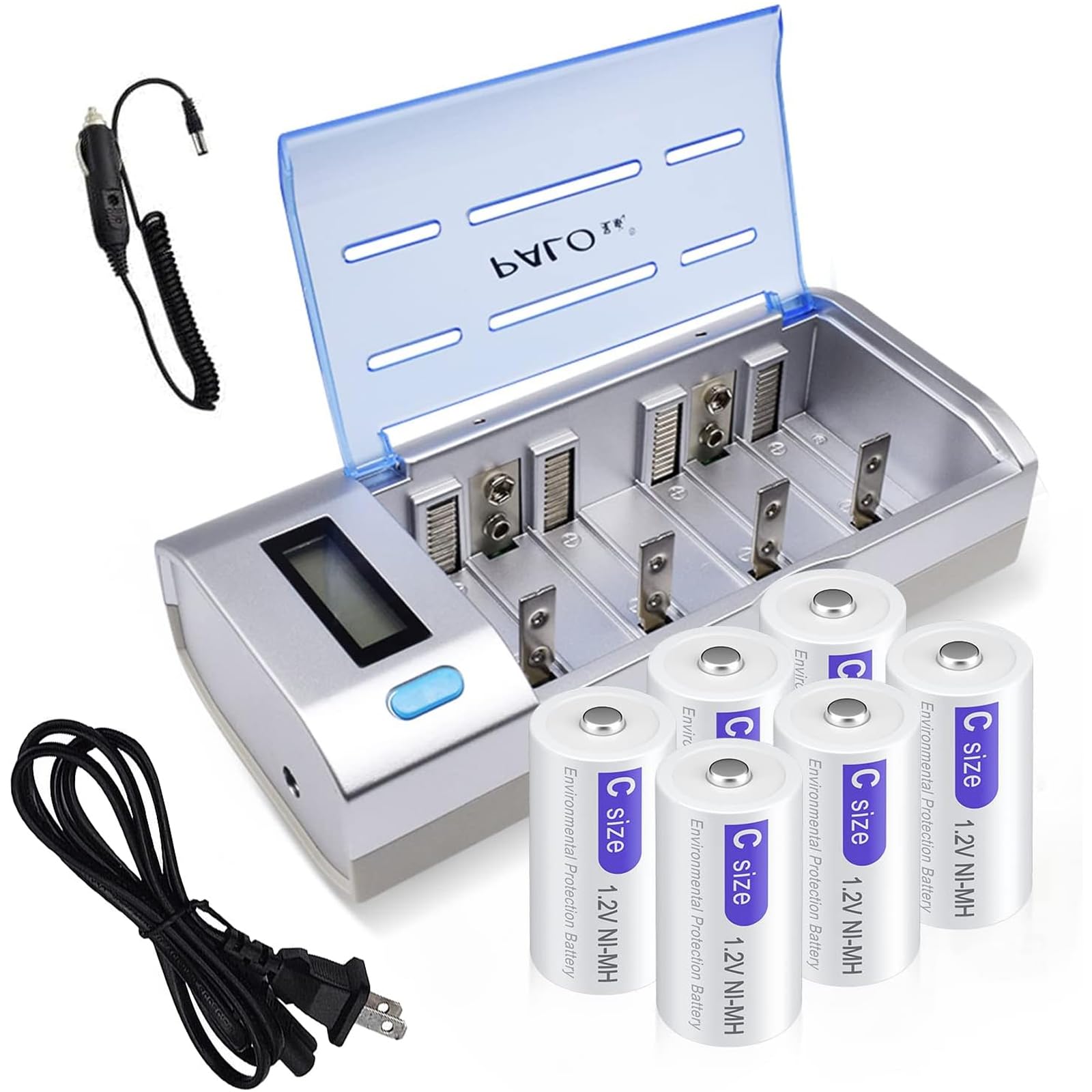 6 Pack C Rechargeble Batteries 1.2V 4000mAh NiMH with Universal LCD Battery Charger for AA AAA C D 9V NiMH NiCD Rechargeable Battery with Discharge Function