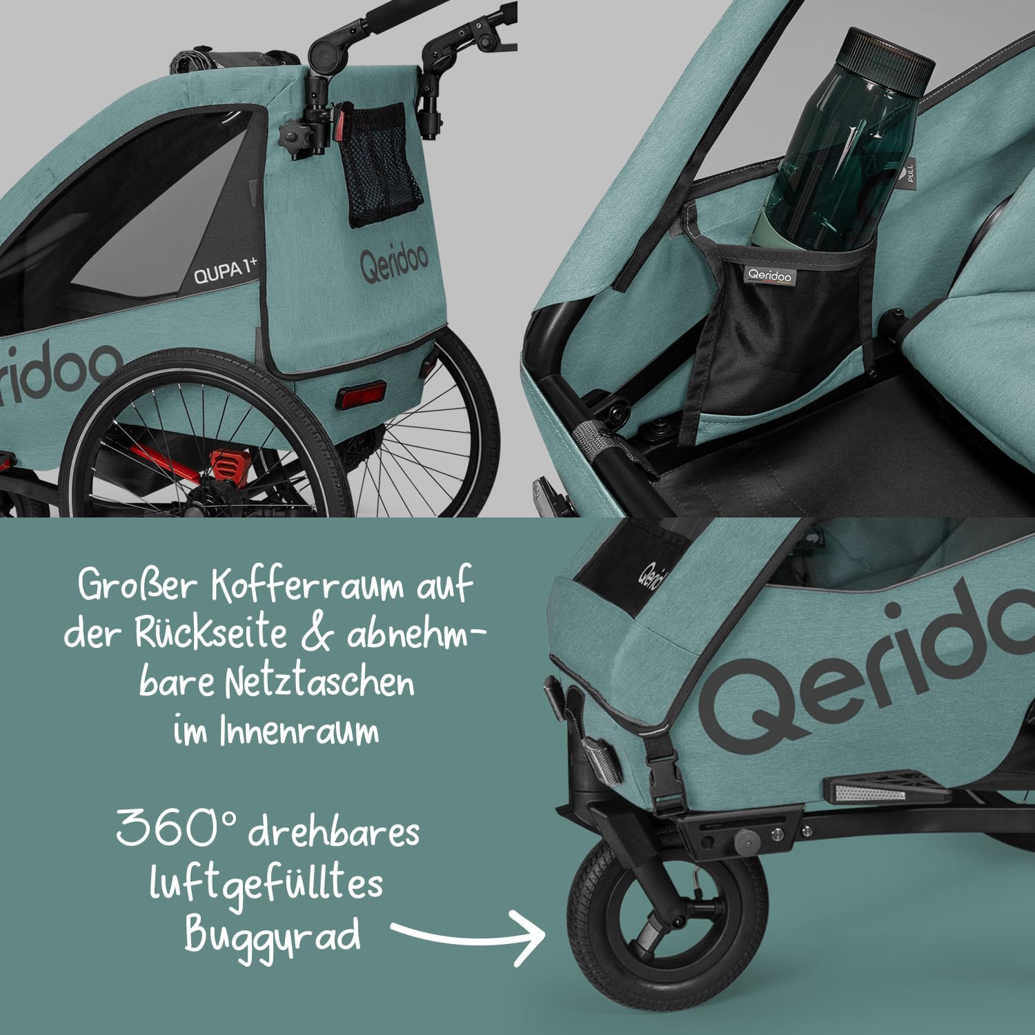 Qeridoo QUPA 1 Plus Mineral Blue |Fahrradanhänger 1 Kind mit Federung & 3-in-1-Verdeck |Kinderfahrradanhänger & Jogger Kinderwagen | Faltbarer Fahrrad Anhänger Kinder |Sicher & Komfortabel im Alltag